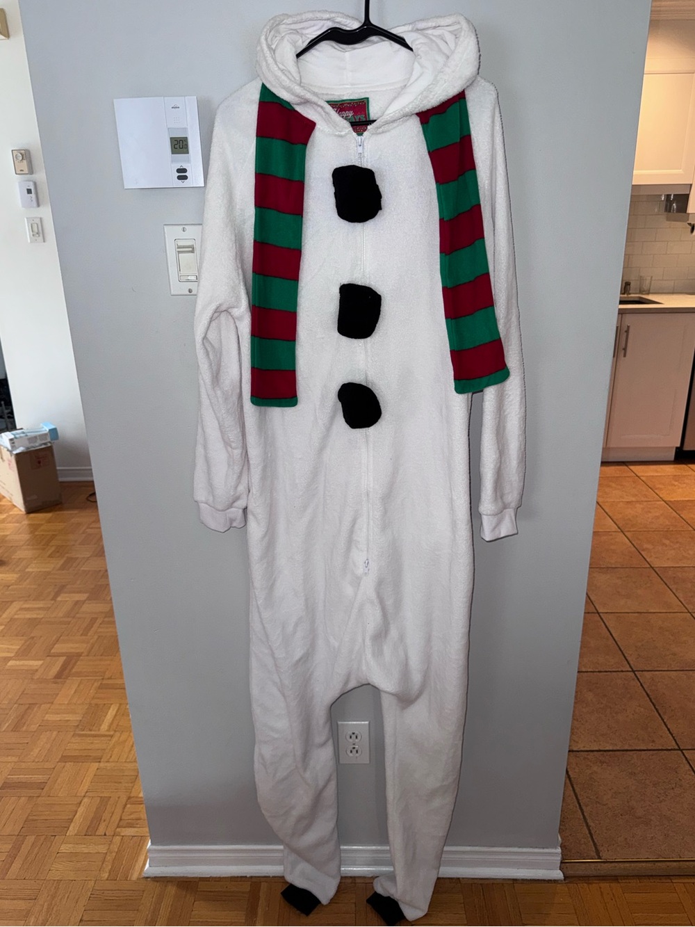 Men’s White Snowman Costume Onesie with Green and Red Scarf
